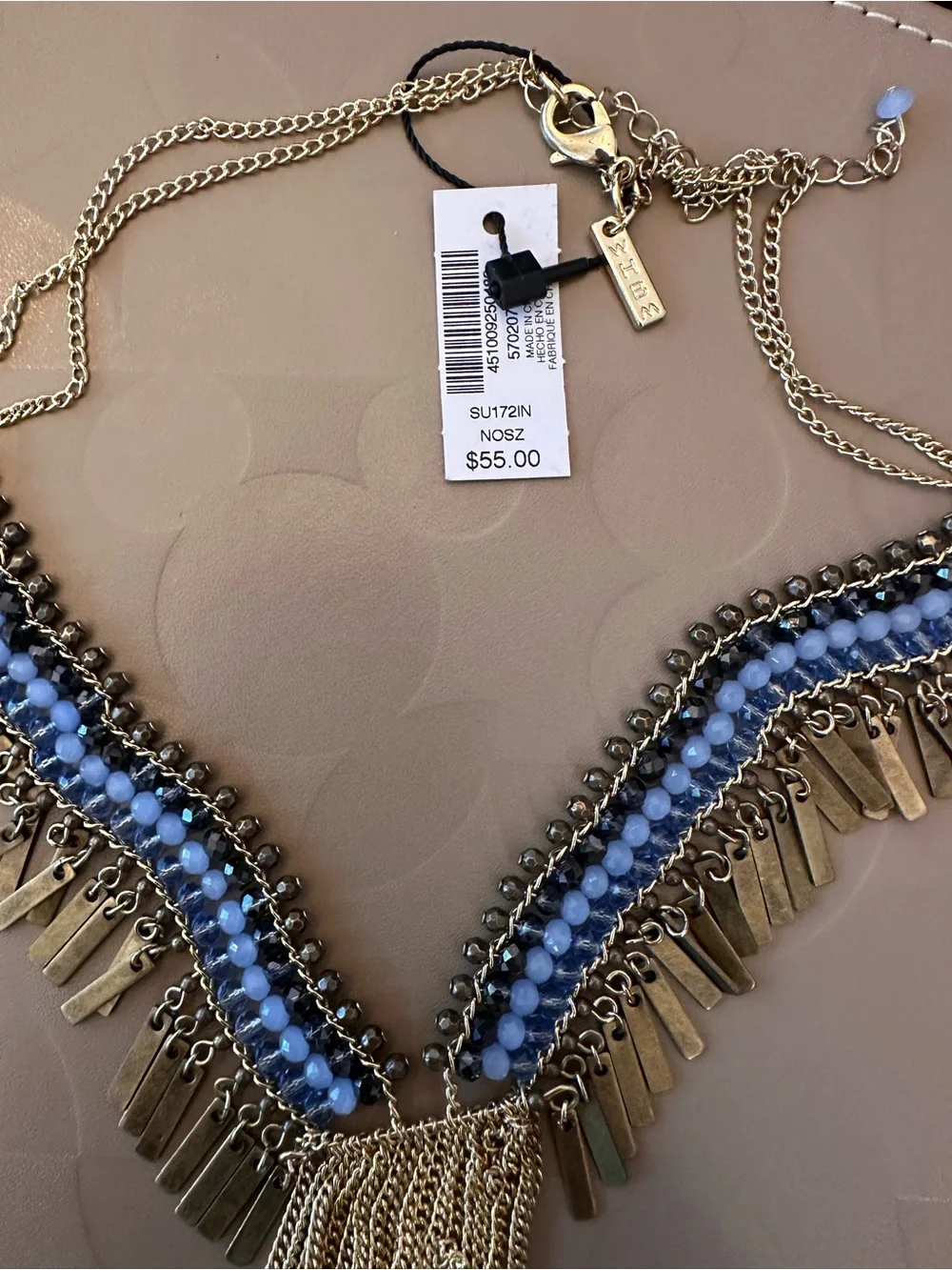 White House Black Market Blue Beaded Fringe Statement Necklace - Gold Tone NEW